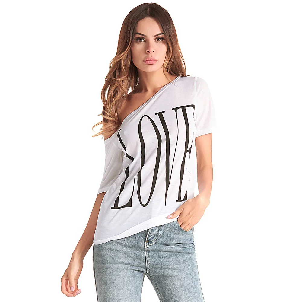 White Female printing T-Shirt Off Shoulder Slash Neck Sexy Top Split Short Sleeve Women's Large Sizes Loose strapless T-shirts