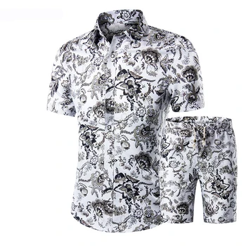 

2018 New Summer Fashion Brand Shirts+Shorts Set Men Short Sleeve Shirts Floral Print Slim Fit Tracksuit Plus Size 5XL