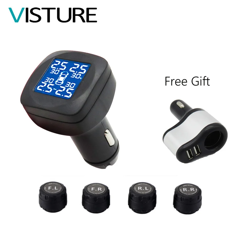 

Visture T05WG TPMS Car Tire Pressure Alarm Monitor System Display 4 External Sensor Temperature Alarm Free Car Ciga Charger