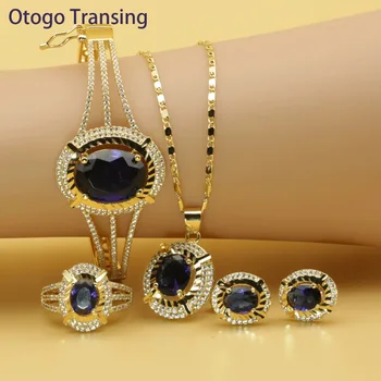 

Otogo Transing 2019 Party Jewelry Sets Gold Color Women Fashion Charm Blue Crystal Ring Earrings Necklace Bracelet Flower SET213