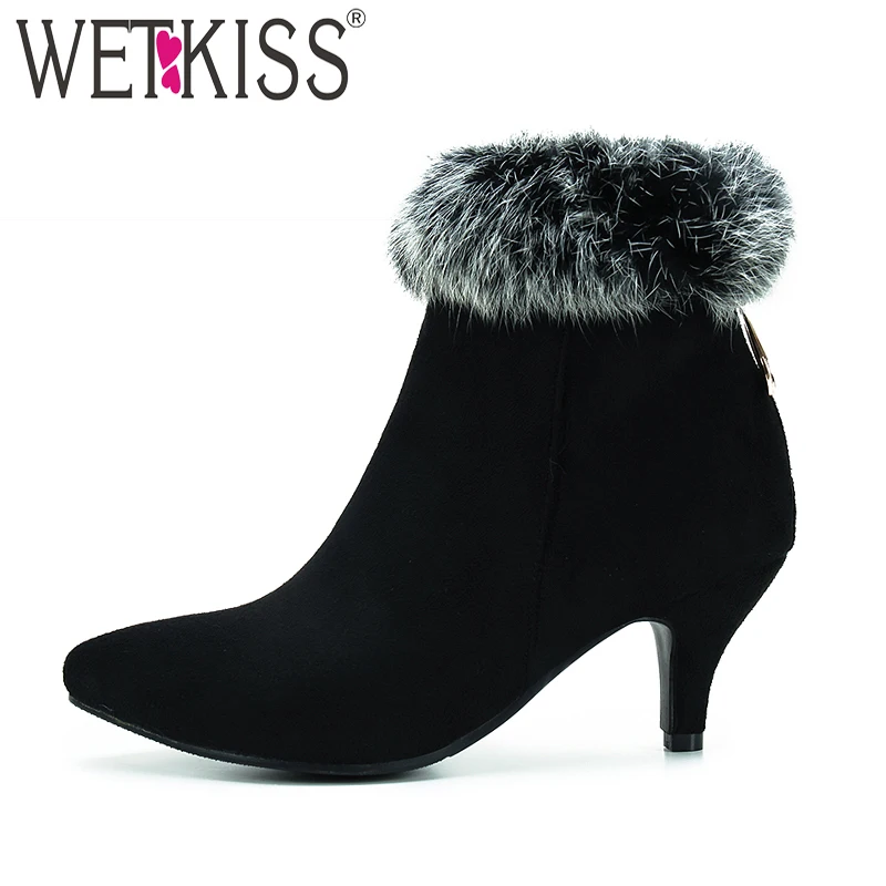 

WETKISS Plus Size 33-48 Winter High Heels Women Ankle Boot Pointed Toe Flock Footwear Fur Female Boots Zip Shoes Women 2018 New