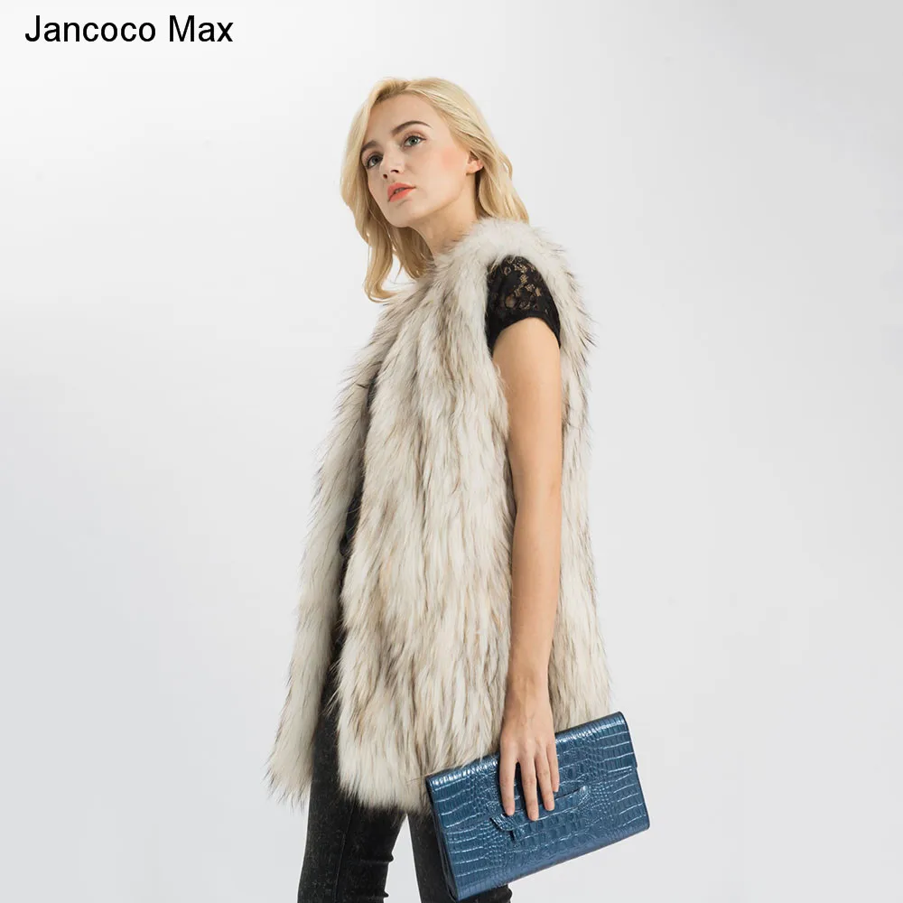Jancoco Max леди реального енота Мех животных жилет Длинные для женщин зимние вязаный жилет /Розничная Мода Стиль S1540
