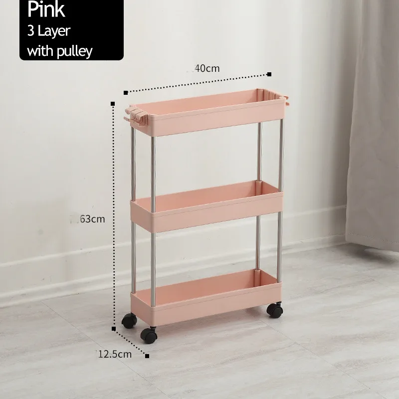 2/3/4 Layer Gap Storage Rack Kitchen Slim Slide Tower Movable Assemble Plastic Bathroom Shelf Wheels Space Saving Organizer - Цвет: Pink-3 Layer