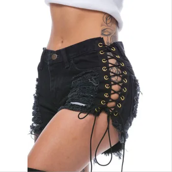 

Hole Short Jeans 2018 Women's Fashion Brand Vintage Tassel Ripped Mid Waist Shorts Punk Sexy Lace Up Banadage Shorts Black White