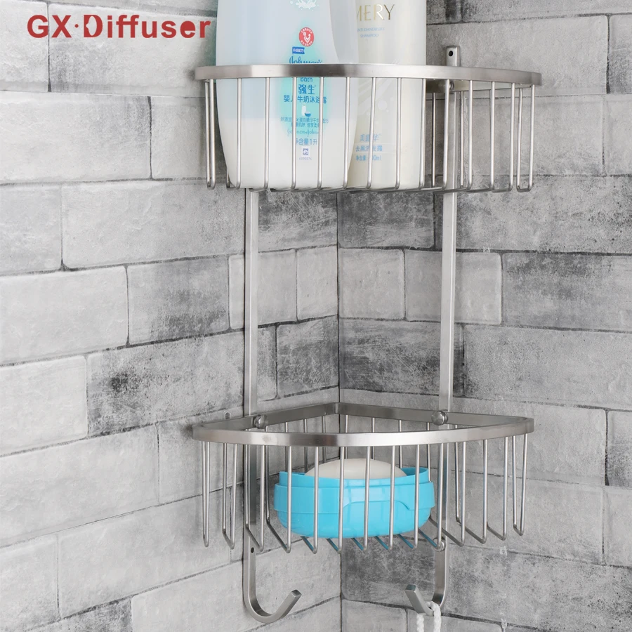 

Bathroom Shelves Stainless Steel Shower Double Layers Storage Shelf Brushed Modern Bathroom Rack Accessories GX Diffuser