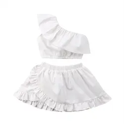 Детская одежда для маленьких девочек одноцветное с открытыми плечами футболка рюшами юбки чистый белый 2 шт. летняя одежда для маленьких