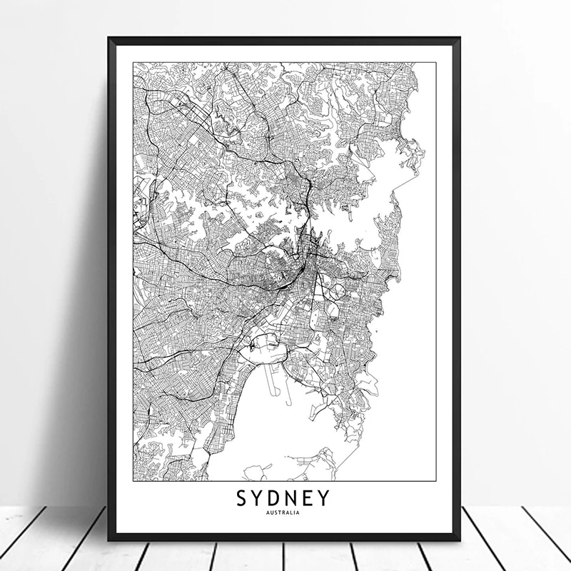 

Sydney Black White Custom World City Map Posters Prints Nordic Style Wall Art Pictures Home Decor Canvas Painting