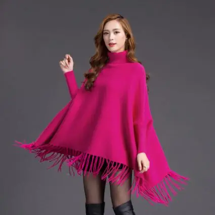 Женская мода новая Банкетная накидкой пальто с кисточками свободные Высокий воротник утолщенный свитер вне свитер - Цвет: Розово-красный