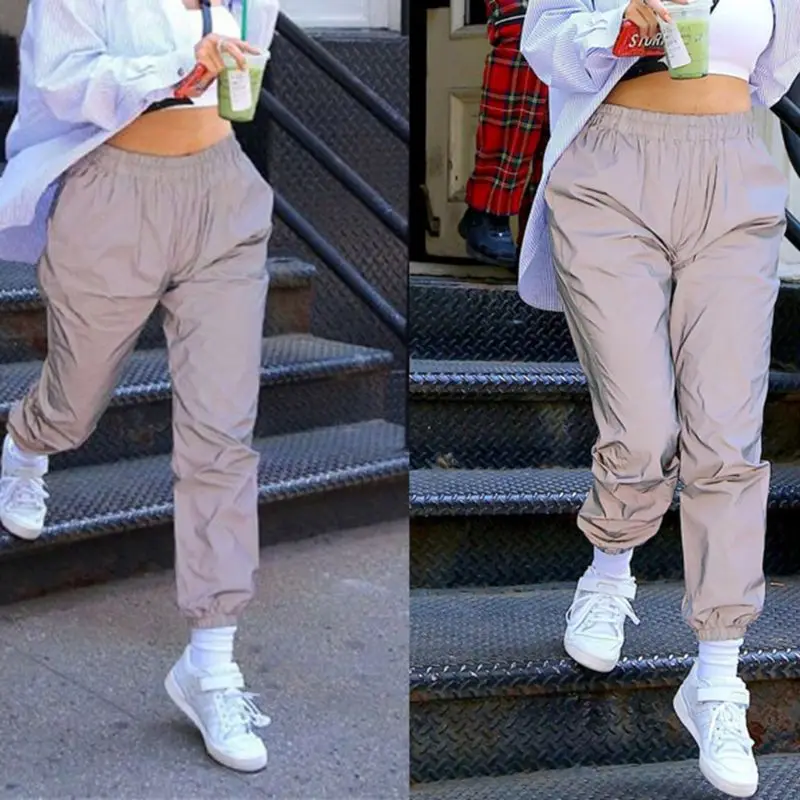 

Womens Plus Size Mid Waist Harem Cargo Pants Solid Color Night Reflective Full Length Trousers Loose Hip Hop Running Joggers