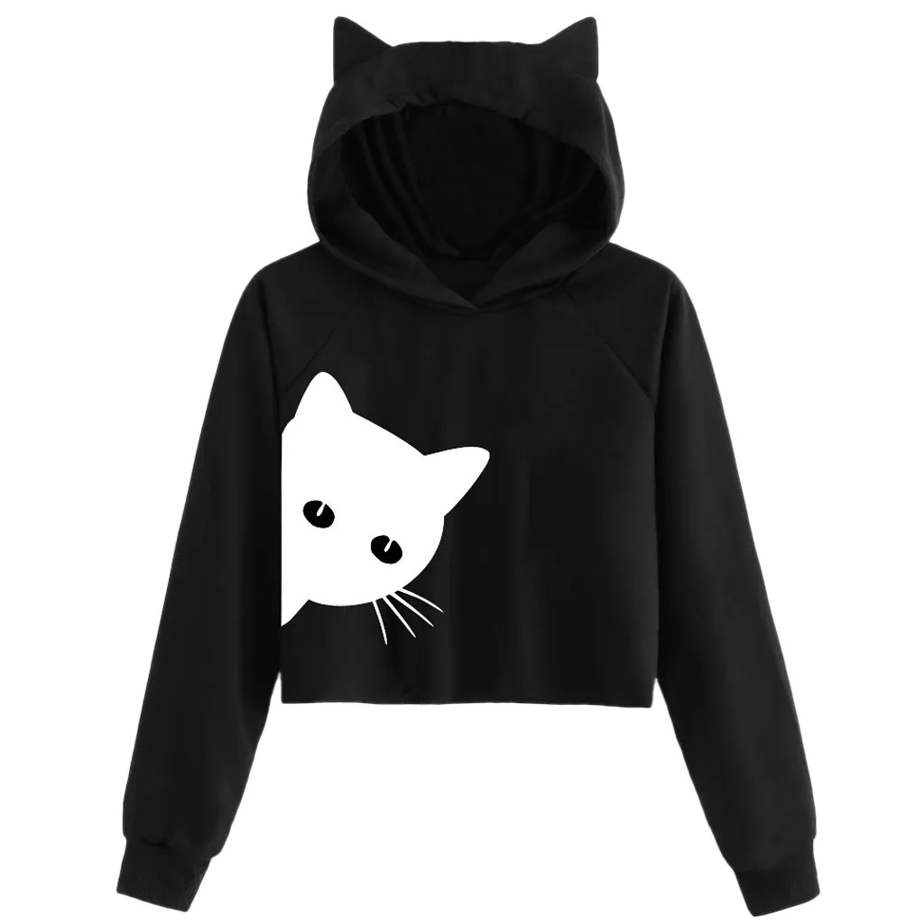 Womens Cat Print Long Sleeve Hoodie Sweatshirt Hooded Pullover Tops Blouse christmas clothes