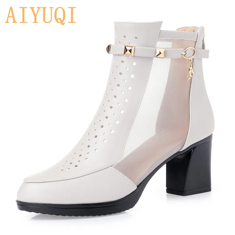 

AIYUQI Women's mesh sandals 2019 spring new genuine leather women's high heel sandals, large size 41 42 summer dress shoes women
