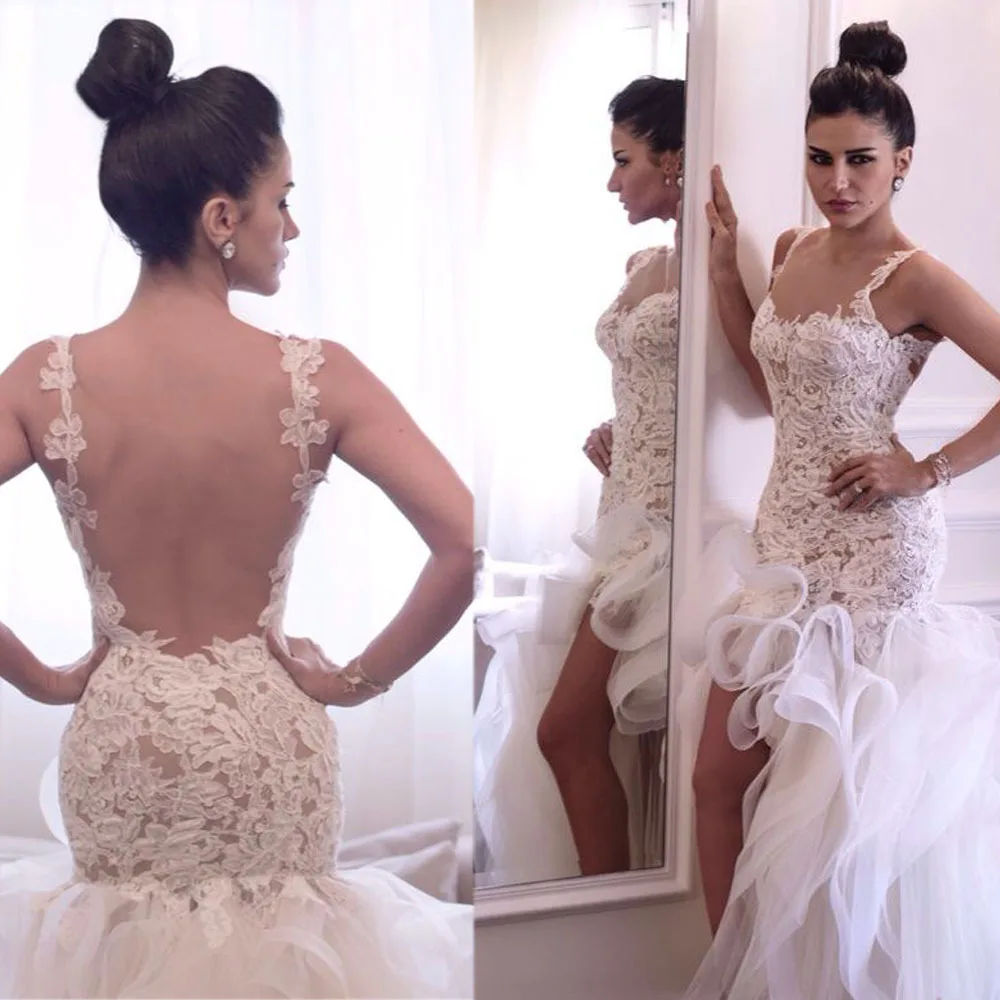 

Attactive Spaghetti Straps Lace Applique Top Nude Inside Bridal Gowns Ruffled Organza Sexy Short Front Long Back Wedding Dress
