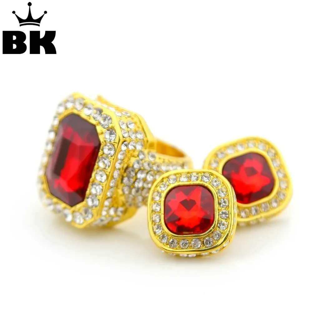 

Mens Gold Color Iced Out Rhinestone Ring and Earing Set Steampunk Unique Classic Hip Hop Jewelry for Rapper