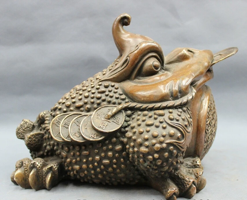 

11" Chinese Copper Bronze Folk FengShui Home Wealth Coin Hoptoad Toad Statue