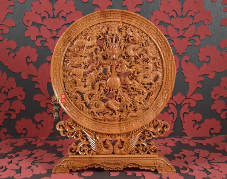 

21" China peach wood table screen hollow out carved nine dragon play bead Statue