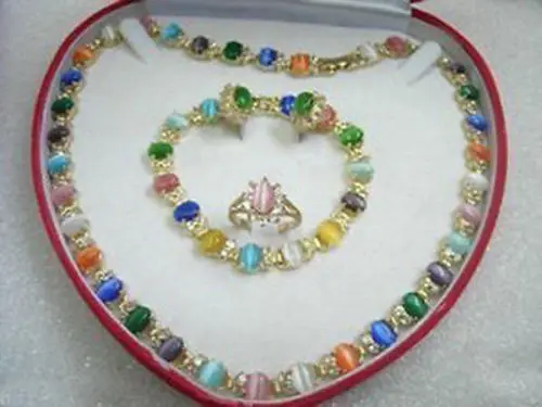 

Wedding shipping>>Pretty Multicolor Necklace Bracelet Earring Ring set real silver mujer fine quality silver-jewelry