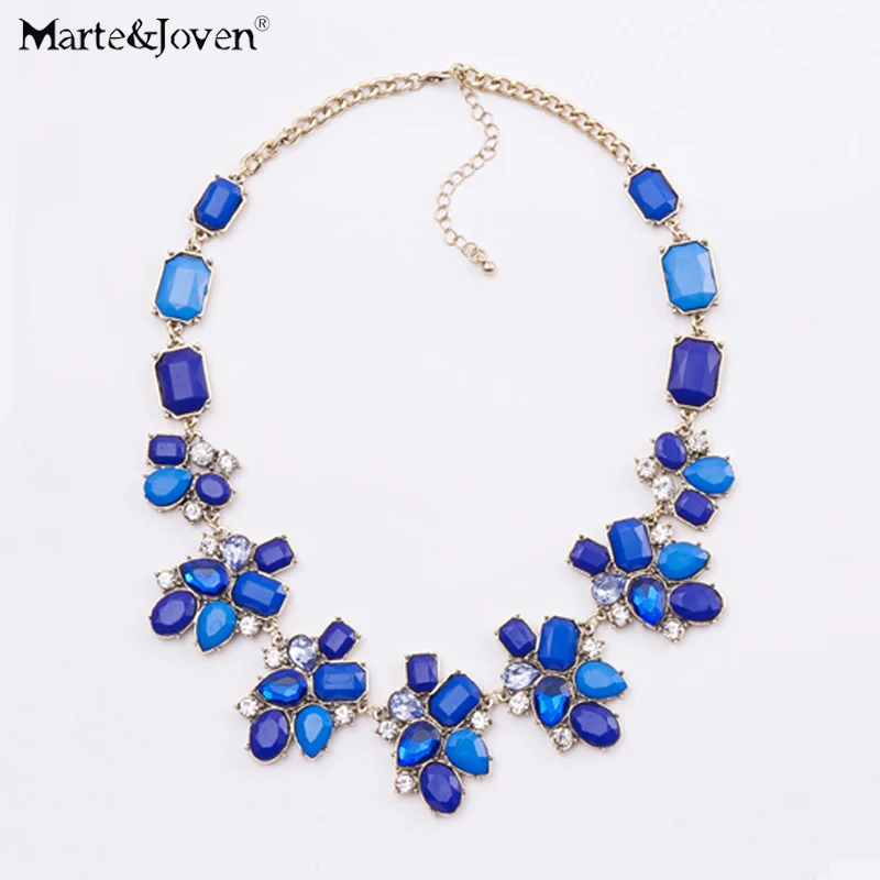 

[Marte&Joven] Vintage Elegant Blue Flower Choker Statement Necklace For Women Classic Chunky Collar Necklaces Costume Jewelry