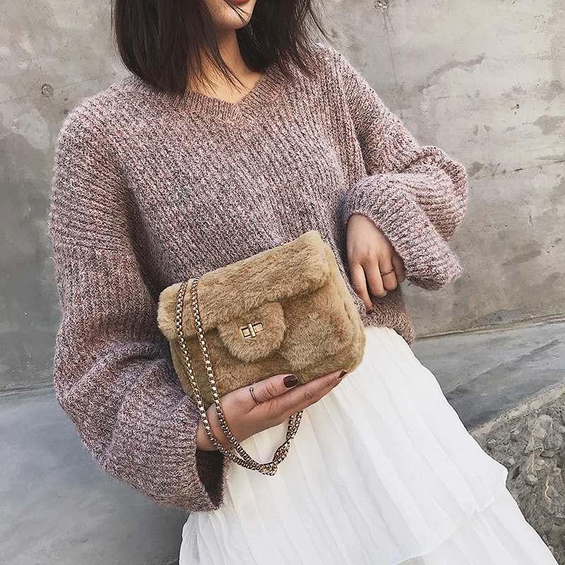 

Crossbody Bags For Women 2019 Winter Korean Style Mini Lock Chain Female Plush Cotton Shoulder Bag Warm Messenger Bags For Girls