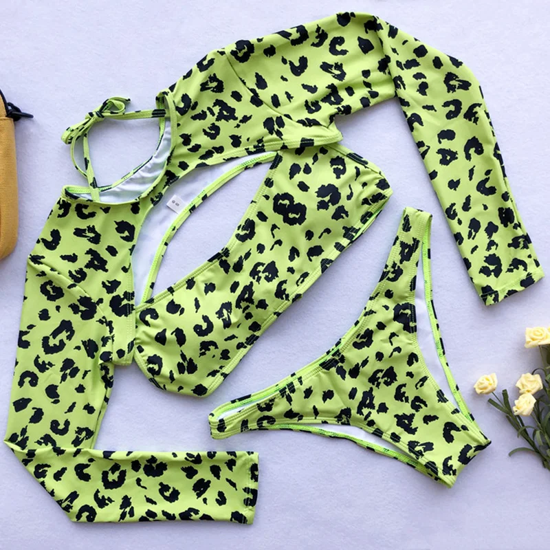 Неоновое зеленое леопардовое бикини с длинным рукавом, женский купальник, комплект бикини, сексуальный купальник для женщин, бразильский купальник, одежда для плавания, пляжная одежда