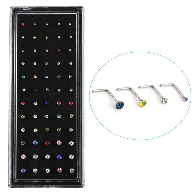 60pcs/lot Stainless Steel Nose Studs Crystal Rhinestone Nose Rings Fashion Hooks Body Piercing Faux Body Jewelry