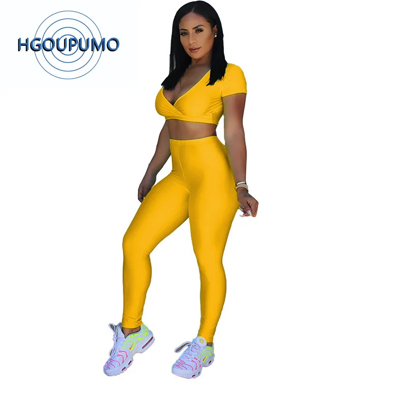 

Neon Green Yellow Sexy 2 Piece Sweatsuit Women Festival Clothes Deep V Neck Short Sleeve Crop Top+Pencil Pants Plus Size Outfit