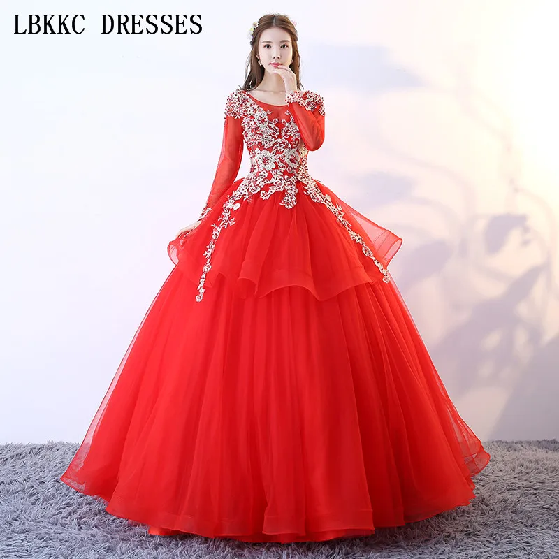 Red Quinceanera Dresses Long Sleeve Ball Gown Lace Beads Sweet 16