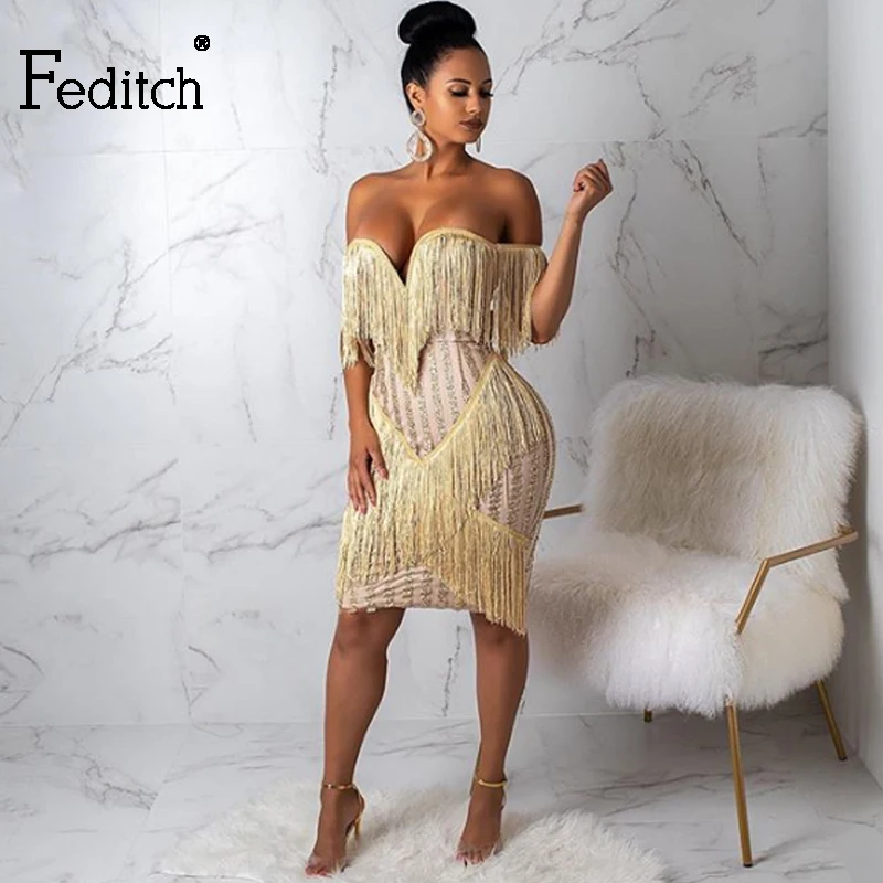 

Feditch Sexy Strapless Party Dress Women Sexy Sleeveless Elegant Vestidos Sequin Vintage Fashion Tassel Women Dresses Vestidos