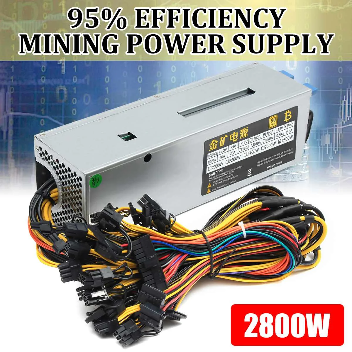 

12GPU 2800W Mining Power Supply 24Pin For Eth Rig Ethereum Bitcoin Miner 90 PLU 95% Efficiency