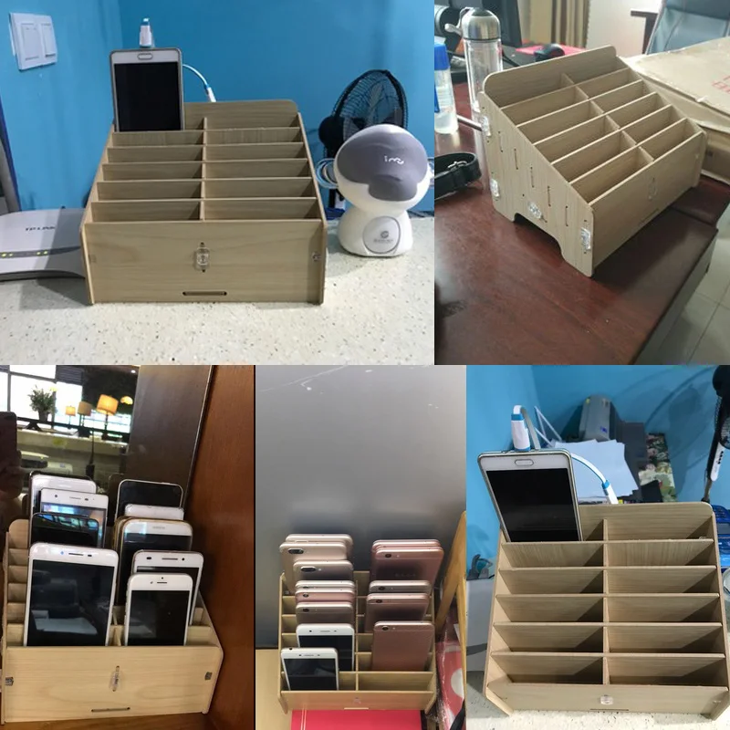 Wooden Mobile Phone Management Storage Box Creative Desktop Office Meeting Finishing Grid multi cell phone rack shop display bag small tool chest