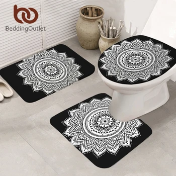 

BeddingOutlet Mandala Bath Mat 3pcs Non-slip Bohemian Mat Set for Bathroom Decor Floral Lotus Toilet Seat Cover Black White Rugs