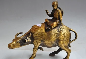 

11" chinese fengshui brass Vaquero Cowboy boy lad Read Book ride Ox bull statue