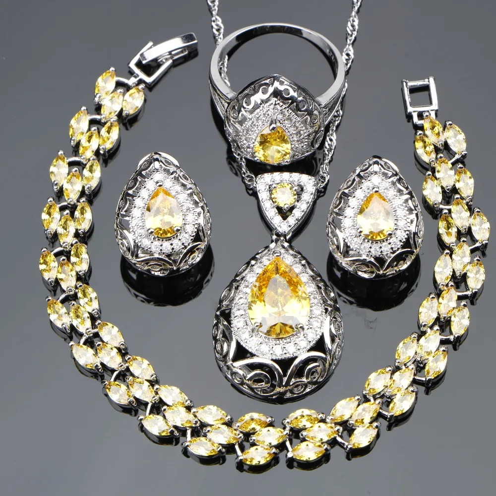 

925 Sterling Silver 4PCS Trendy Light Yellow CZ Women Jewelry Sets Bracelets/Earrings/Pendant/Necklace/Rings Free Gift Box