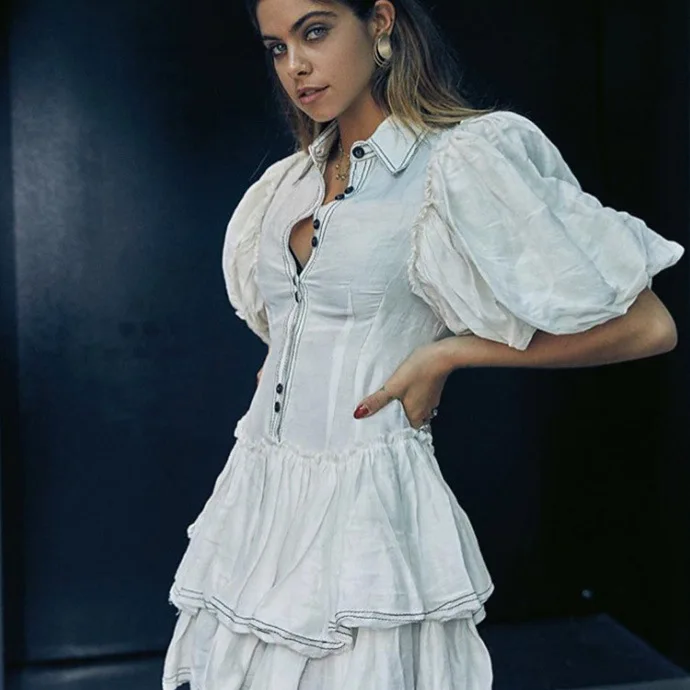 

2019 Summer Elegant Women Dress Vintage French Court Style Comfortable Silk Fabric Bubble Sleeves Cake Dress