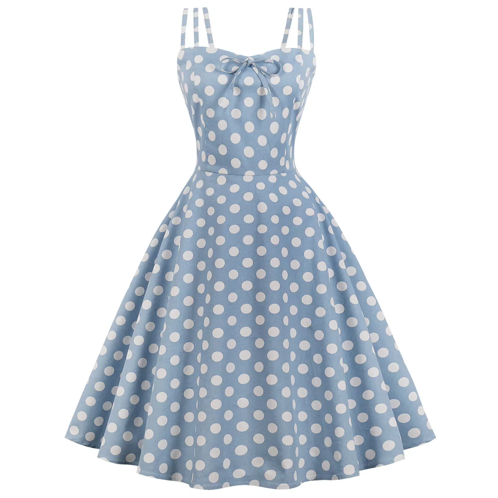 

Kenancy Plus Size Women Vintage Dress Blue Polka Dot Print Pin Up Dress Bowknot Zipper Sleeveless Dress Elegant Party Vestidos