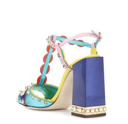 Cheap Summer Girl 2018 Rainbow Sandals Gladiator Shoes Thick Heeled Ladies Party Shoes Studs Straps Female Wedding Party Dress Sandals 2