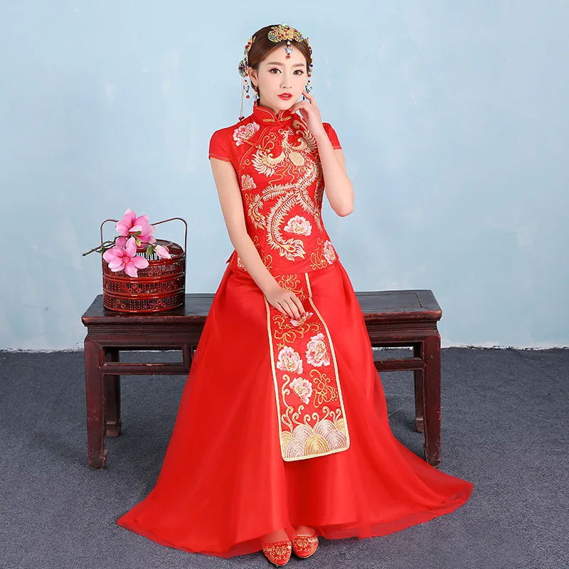 Невесты традиции Для женщин феникс вышивка Cheongsam долго Qipao свадебное платье Традиционный китайский платья Китай Костюмы магазине