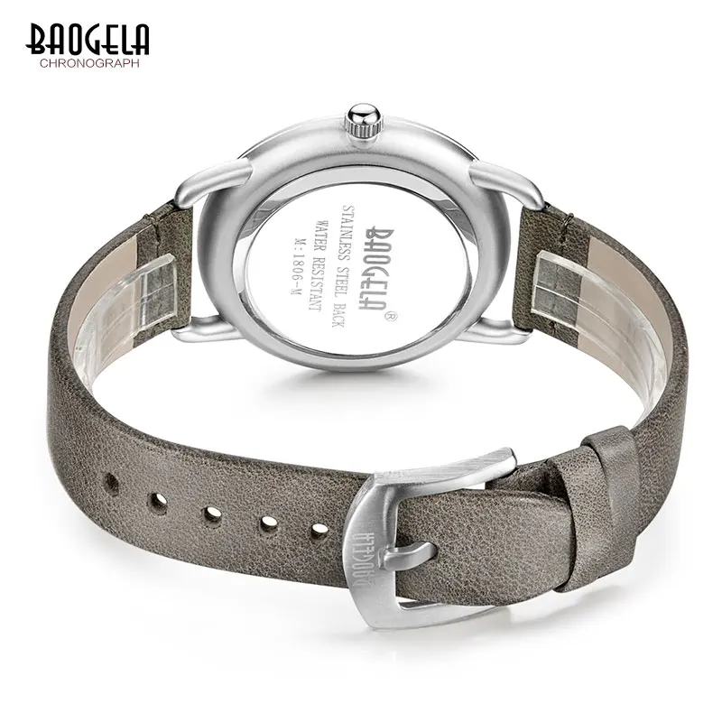 Baogela мужские повседневные часы с серым кожаным ремешком, простые кварцевые наручные часы, водонепроницаемые минималистичные часы Relogios Masculinos 1806G-Gray