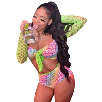 

Summer Autumn Women Two Piece Set Top and Pants Plus Size Tracksuit Sweatsuit Outfit Mesh Colorful Print Bikini Sets Beach