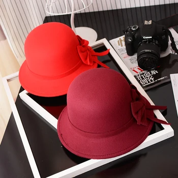 

2018 Spring Women Big bow knit wool Hat New Fashion Solid Jazz Fisherman basin Caps casual Female Sun Hats Black Red Dress Caps