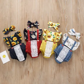 

Newborn Summer Baby Girl Cute Flower Short Sleeve Bodysuit Headbands 2pcs Outfits Clothes Set