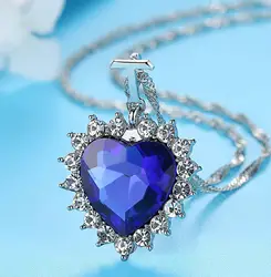 Новый роскошный синий cz хрустальное сердце кулон ожерелье круги цепь женское серебряное массивное ожерелье ювелирные изделия подарок на
