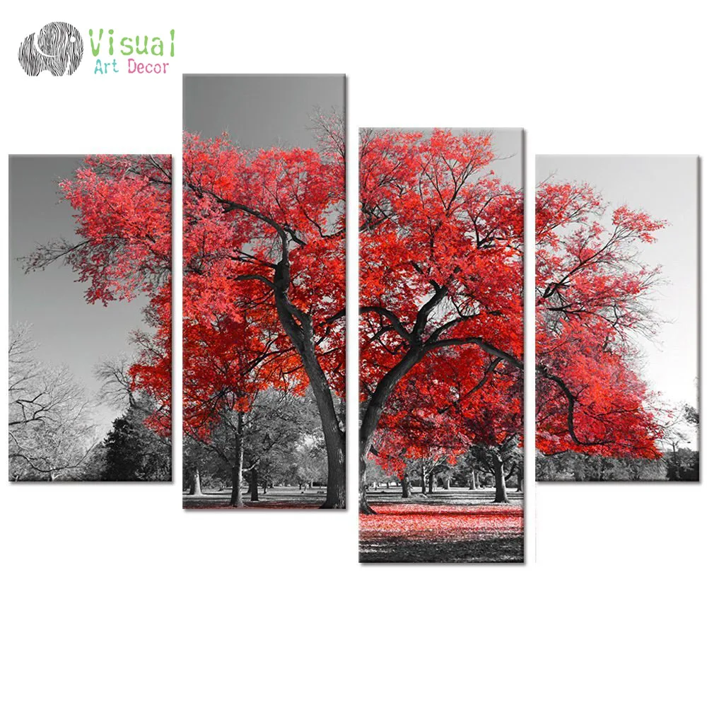 Multi Panels Landscape Canvas Wall Art Maple Tree Forest Painting Prints for Wall Decor Black and