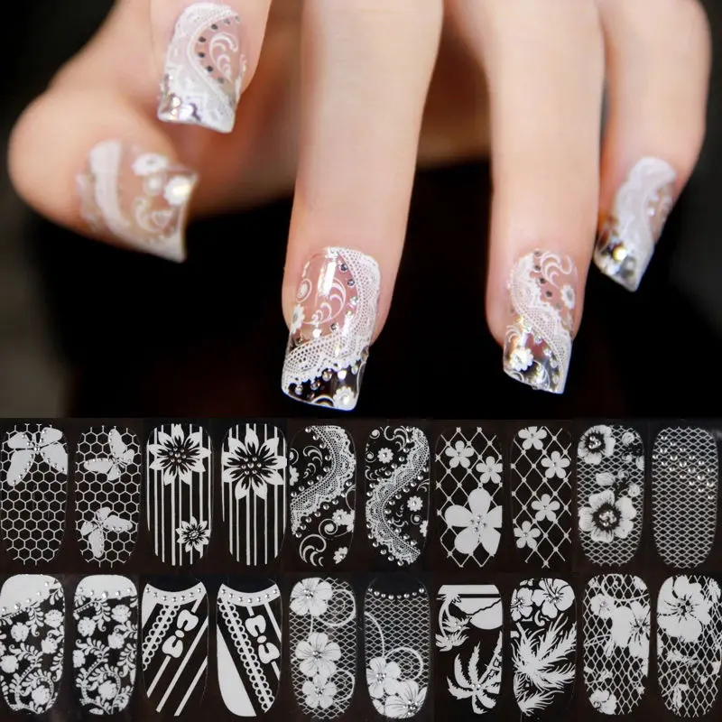 

1PC New 3D White Lace Crystal Nail Art Tips Sticker Decals Full Wraps DIY Decorations White Stickers Manicure Tools UV Gel