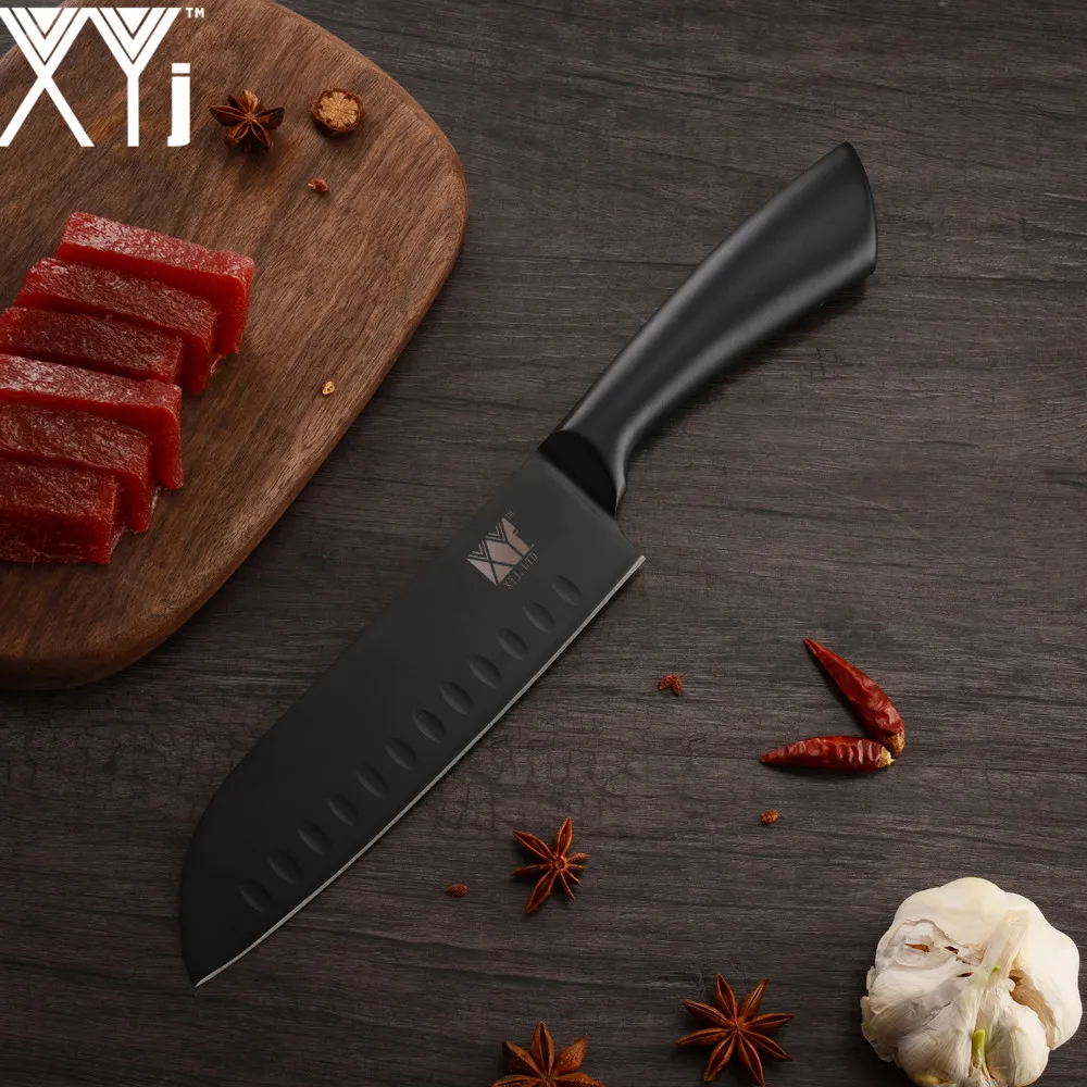 XYj модный дизайн кухонные ножи из нержавеющей стали с черной ручкой лезвие поварский нож сантоку японские столовые приборы 3Cr13 стальной нож горячая распродажа