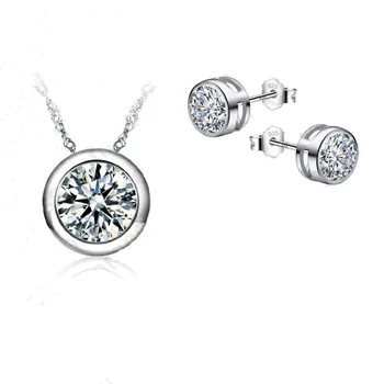 

Wedding Jewelry Sets 925 Sterling Silver Round Pendant Clear White Cubic Zirconia Crystal Necklace Earrings Sets Bridal