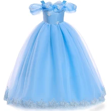 Платье Золушки для девочек; детское Пышное Бальное Платье с открытыми плечами для девочек; роскошный пушистый костюм с бусинами для Хэллоуина