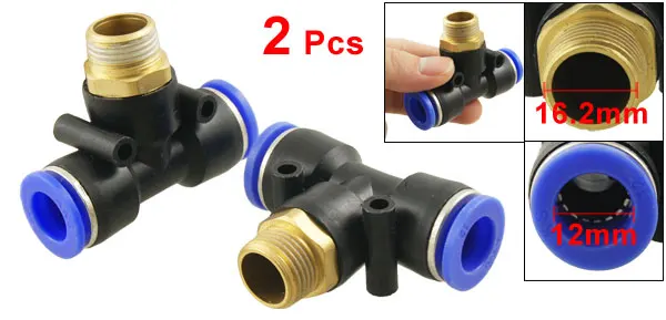 2 Pcs 3/8" Thread 12mm One Touch Push In T Joint Quick Connectors