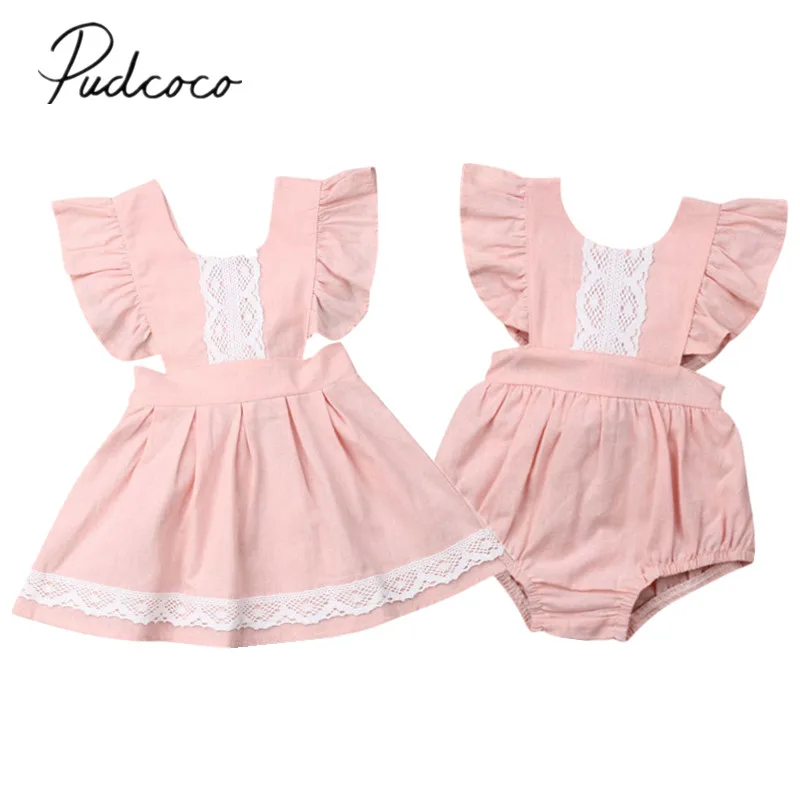 

2019 Baby Summer Clothing Toddler Baby Girls Clothes Sister Matching Ruffle Lace Romper Dress Lace Patchwork Solid Outfits Set