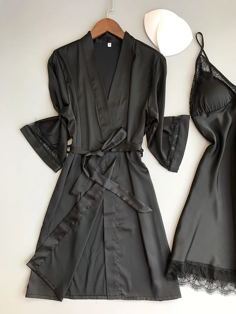 Queenral 2PCS Women Gown Sets Silk Satin Robe Nightgown Set Sleepwear Home Suit Night Sleep Plus Size M-XL Intimate Lingerie 12