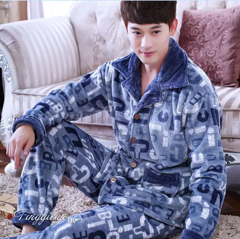 Fashion Brand Luxury Winter Pajamas Men Sleepwear Thick Warm Coral Fleece Mens Pajama Set Male Nightwear Leisure Home Clothing